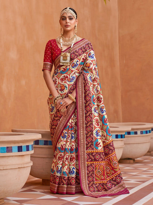 Marvelous White Patola Printed Silk Traditional Saree