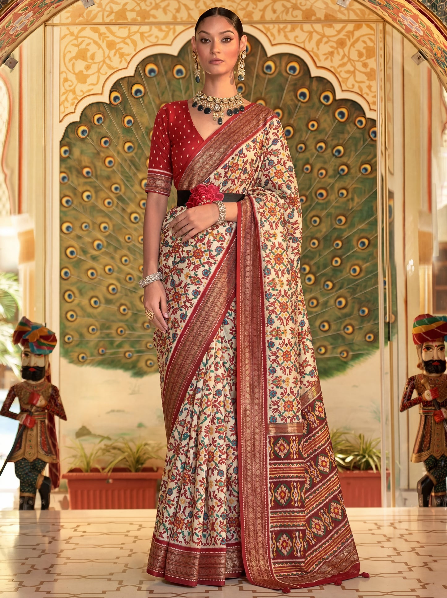 Mesmerizing White Patola Printed Silk Saree With Blouse