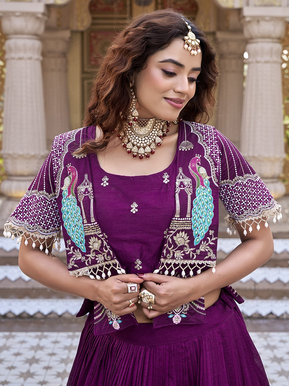 Awesome Wine Embroidered Silk Bridesmaid Crop top Lehenga