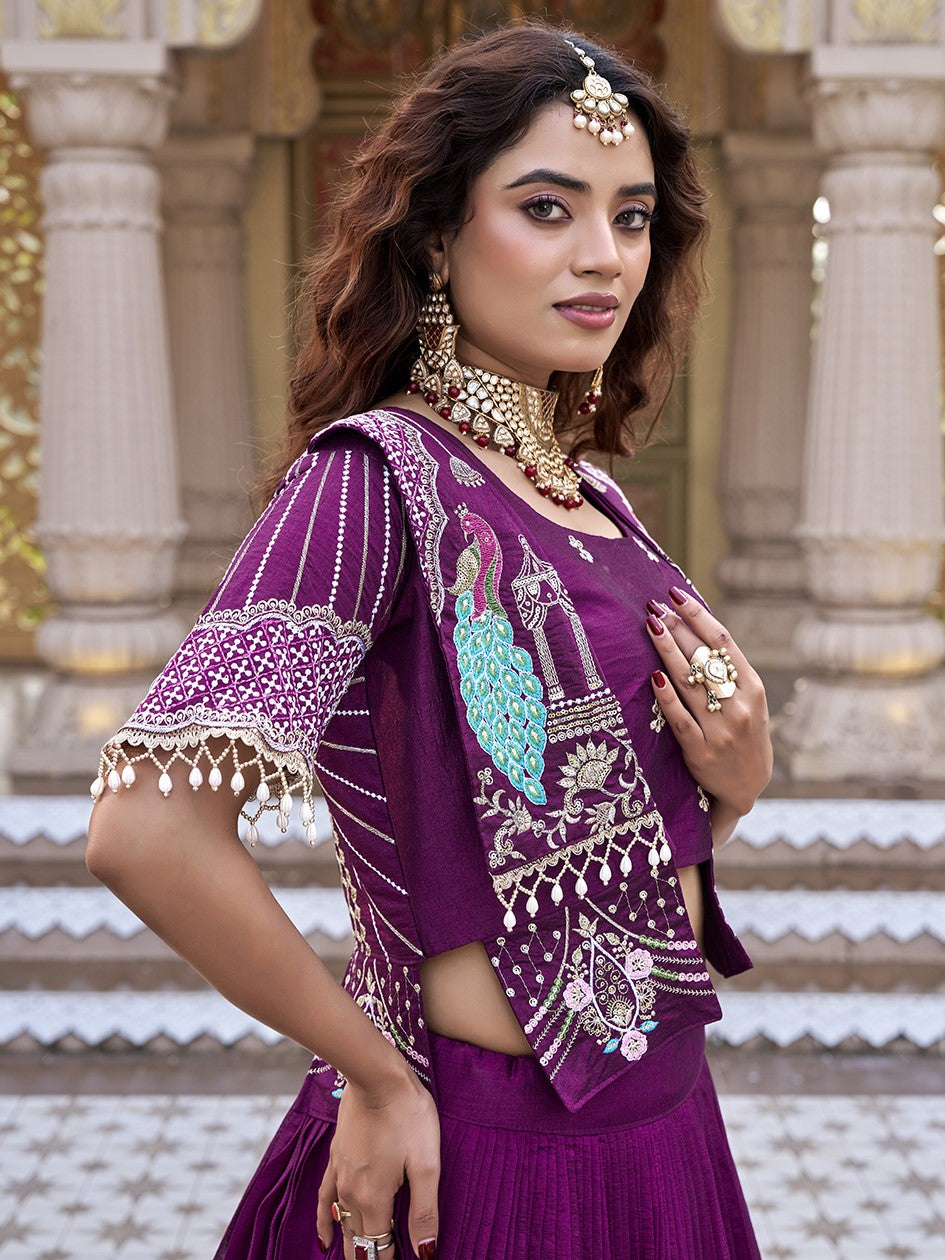 Awesome Wine Embroidered Silk Bridesmaid Crop top Lehenga