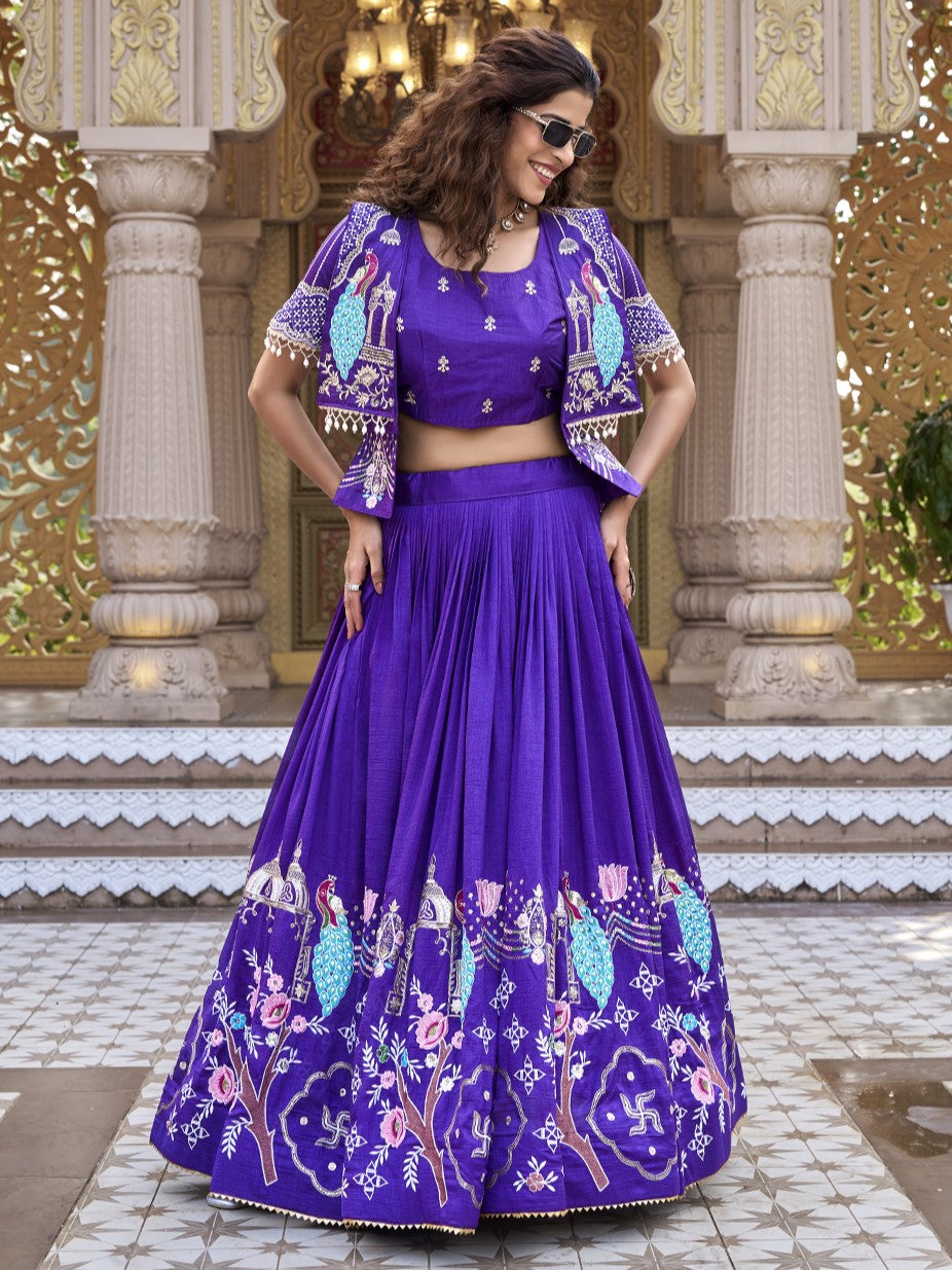 Astonishing Purple Embroidered Silk Crop top Lehenga With Jacket