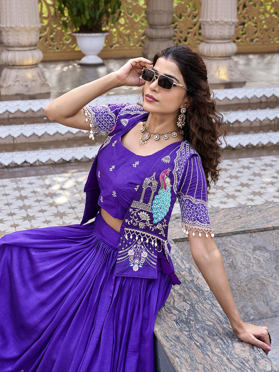 Astonishing Purple Embroidered Silk Crop top Lehenga With Jacket