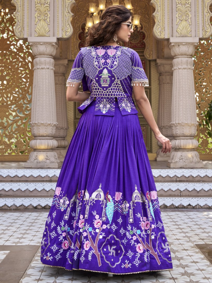 Astonishing Purple Embroidered Silk Crop top Lehenga With Jacket