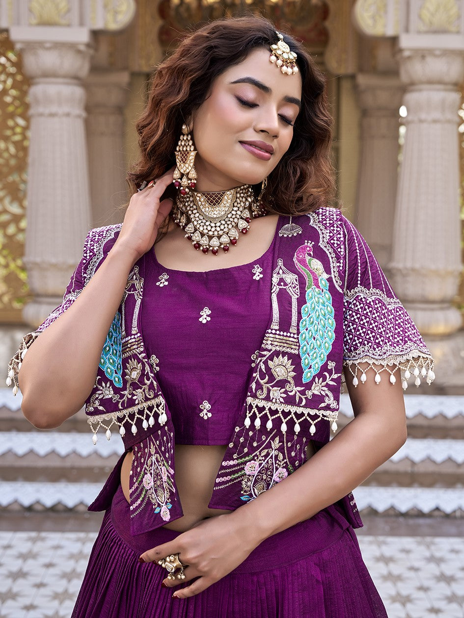 Awesome Wine Embroidered Silk Bridesmaid Crop top Lehenga
