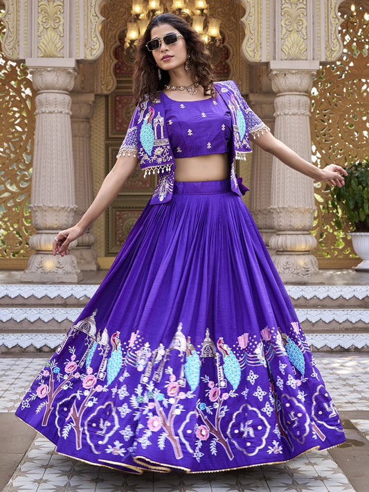 Astonishing Purple Embroidered Silk Crop top Lehenga With Jacket