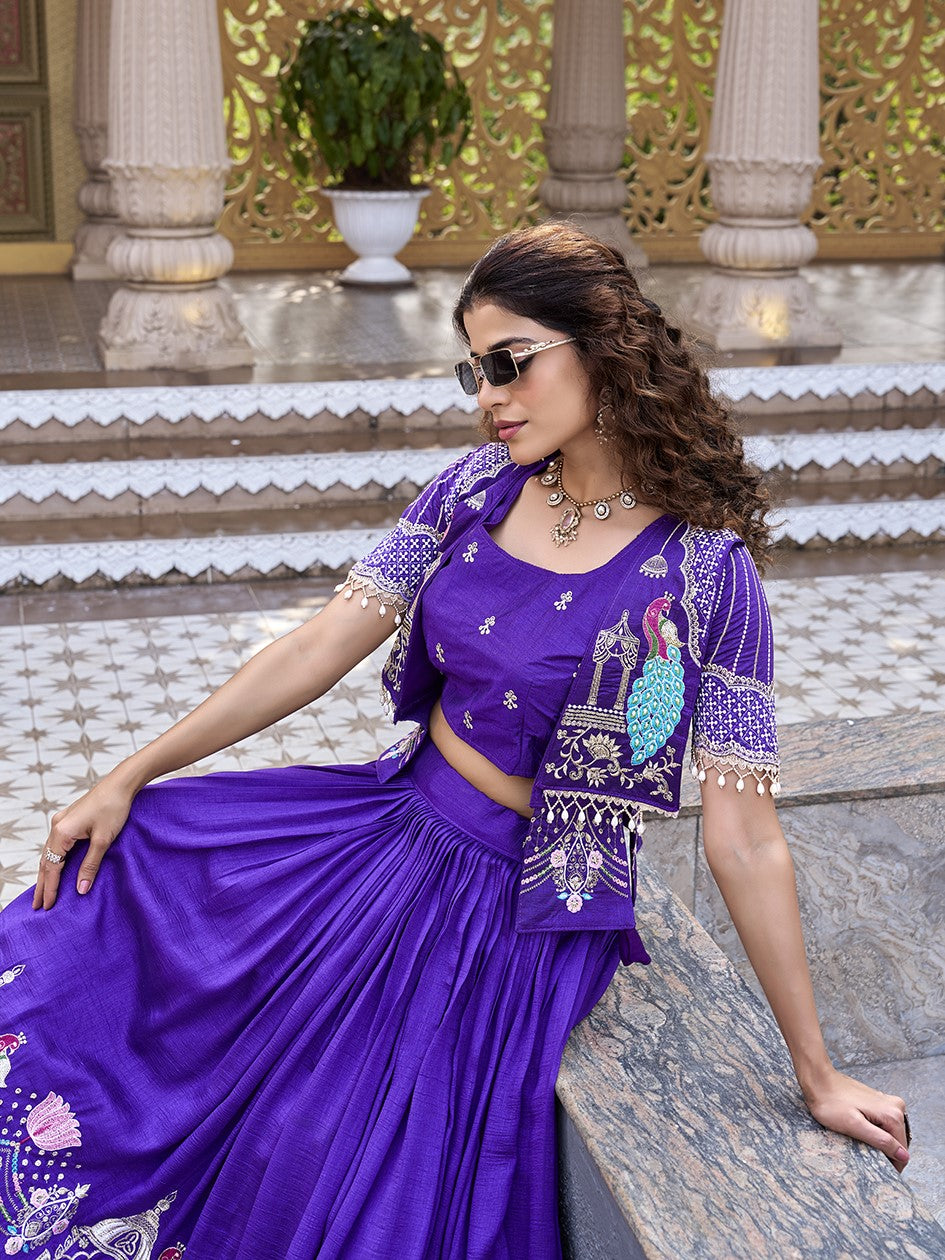 Astonishing Purple Embroidered Silk Crop top Lehenga With Jacket