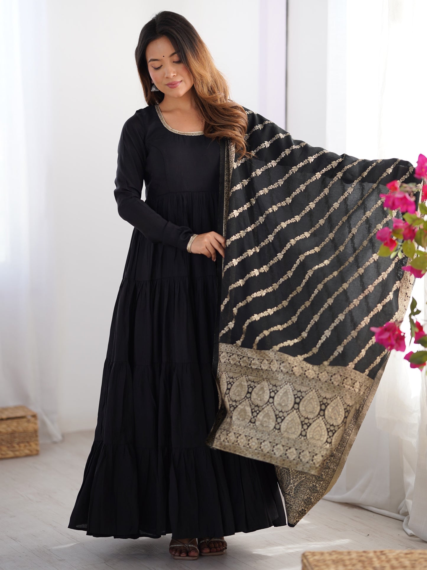 Excellent Black Silk Party Wear Anarkali Suit With Banarasi Dupatta