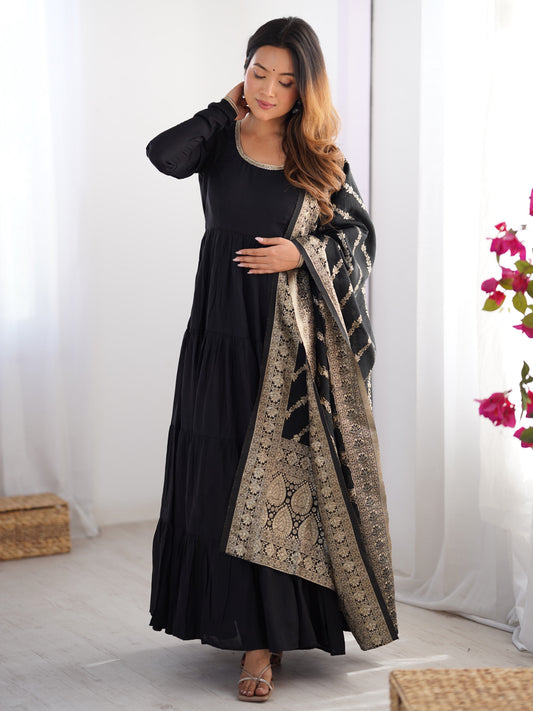 Excellent Black Silk Party Wear Anarkali Suit With Banarasi Dupatta