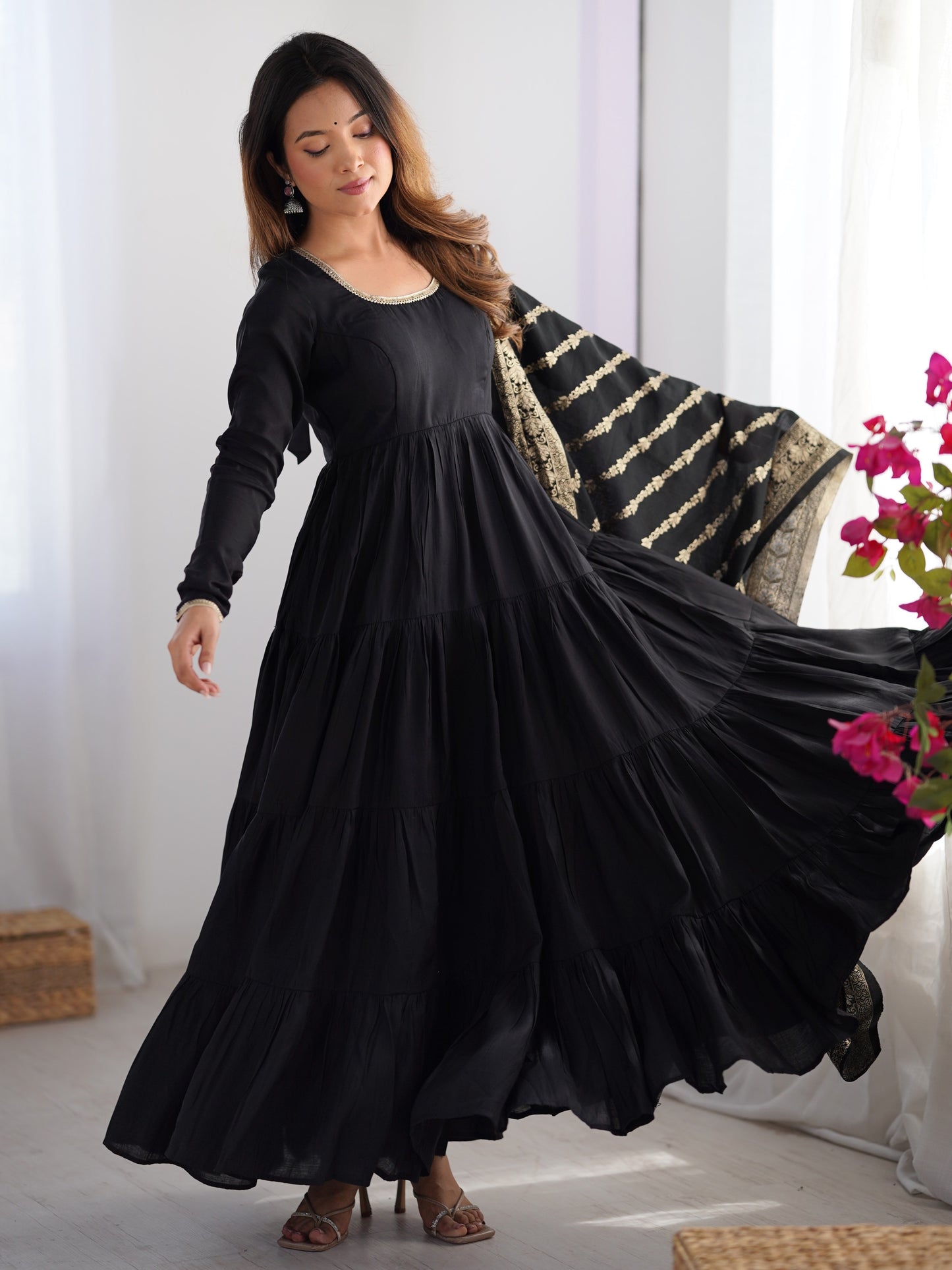 Excellent Black Silk Party Wear Anarkali Suit With Banarasi Dupatta