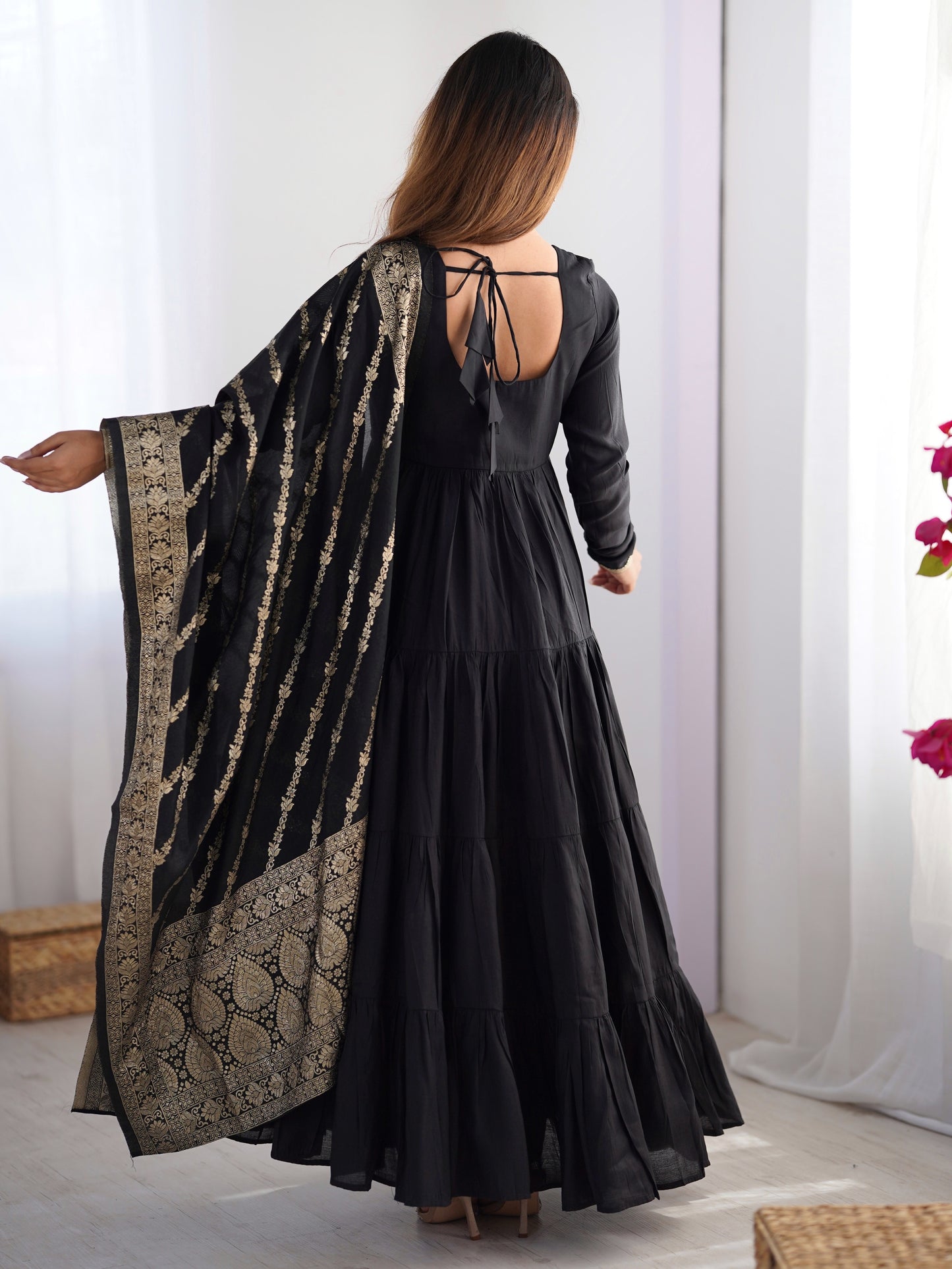 Excellent Black Silk Party Wear Anarkali Suit With Banarasi Dupatta