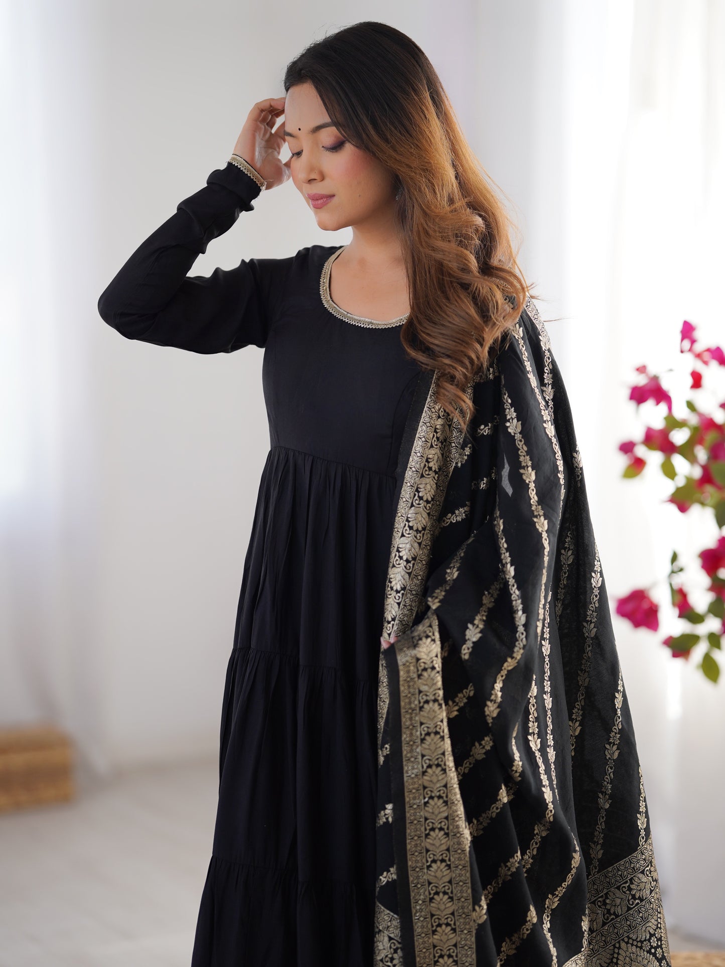 Excellent Black Silk Party Wear Anarkali Suit With Banarasi Dupatta