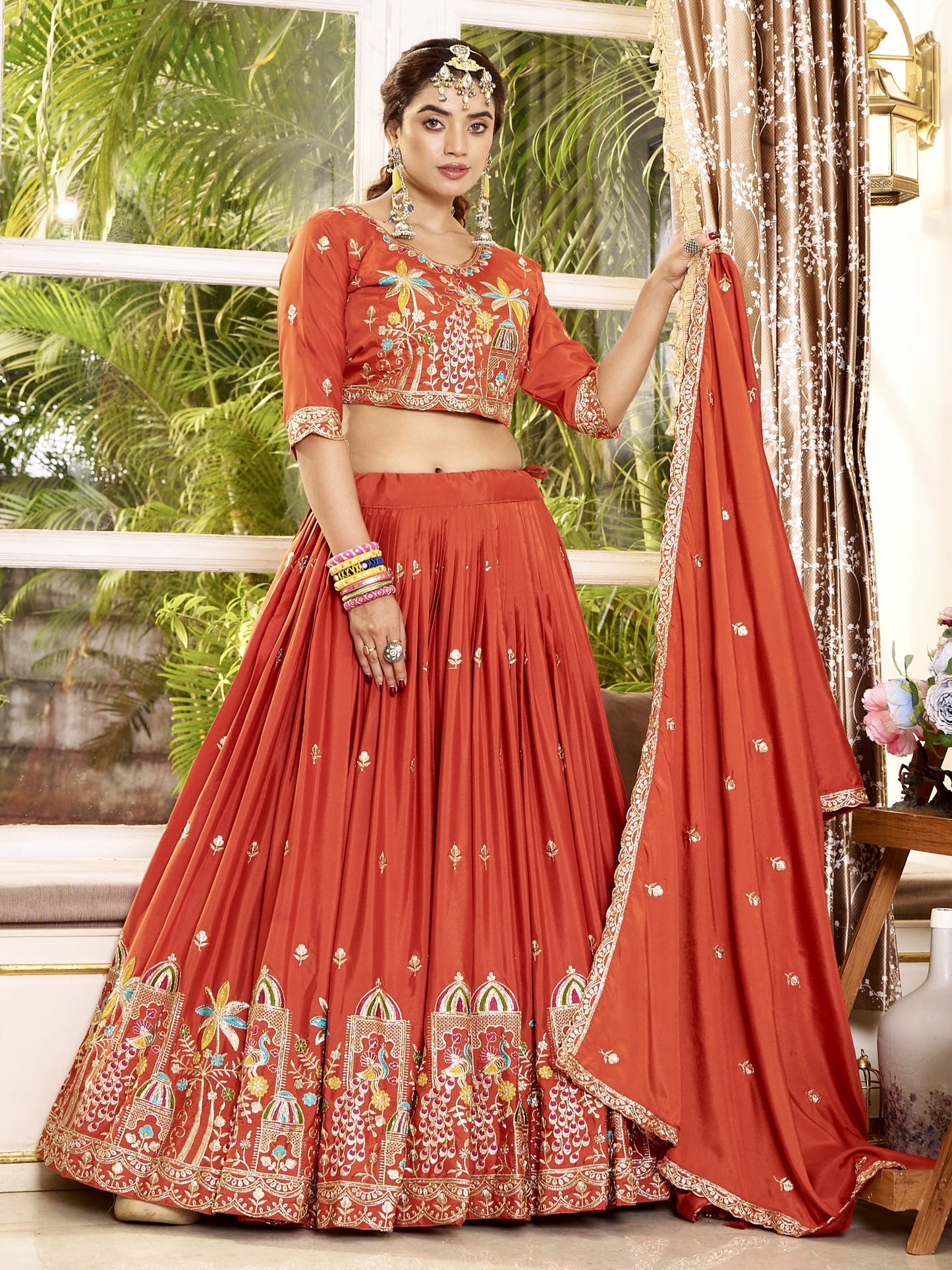 Attractive Orange Zari Work Silk Wedding Lehenga Choli