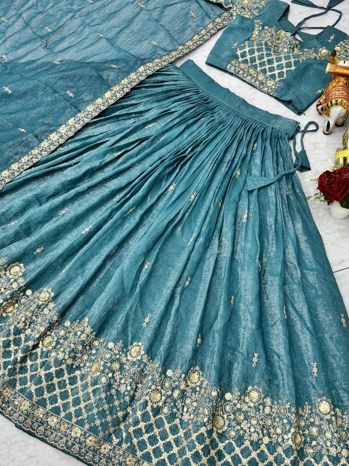 Astonishing Blue Sequins Work Crunchy Reception Lehenga Choli