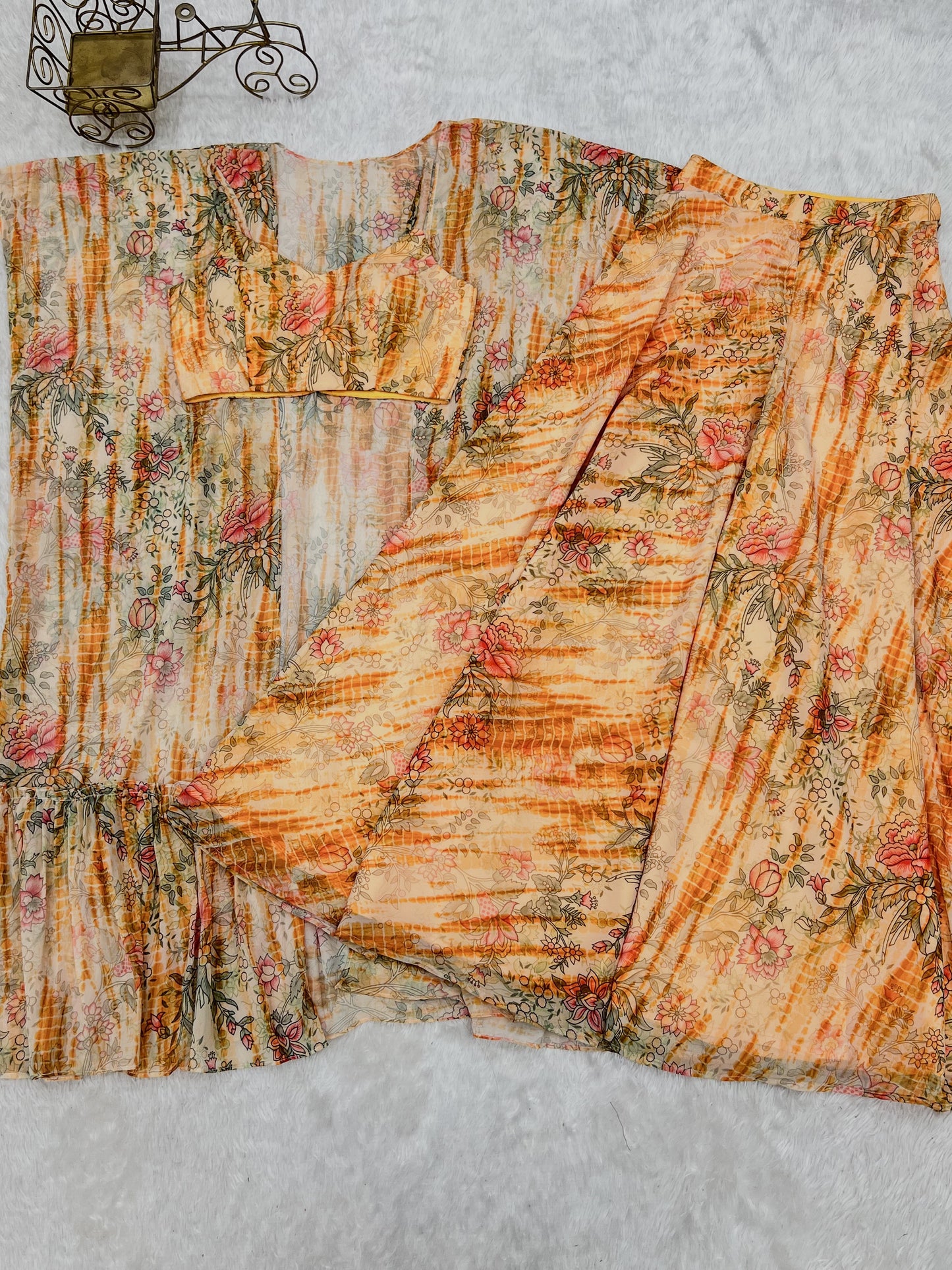 Fabulous Orange Printed Georgette Crop top Palazzo With Shrug