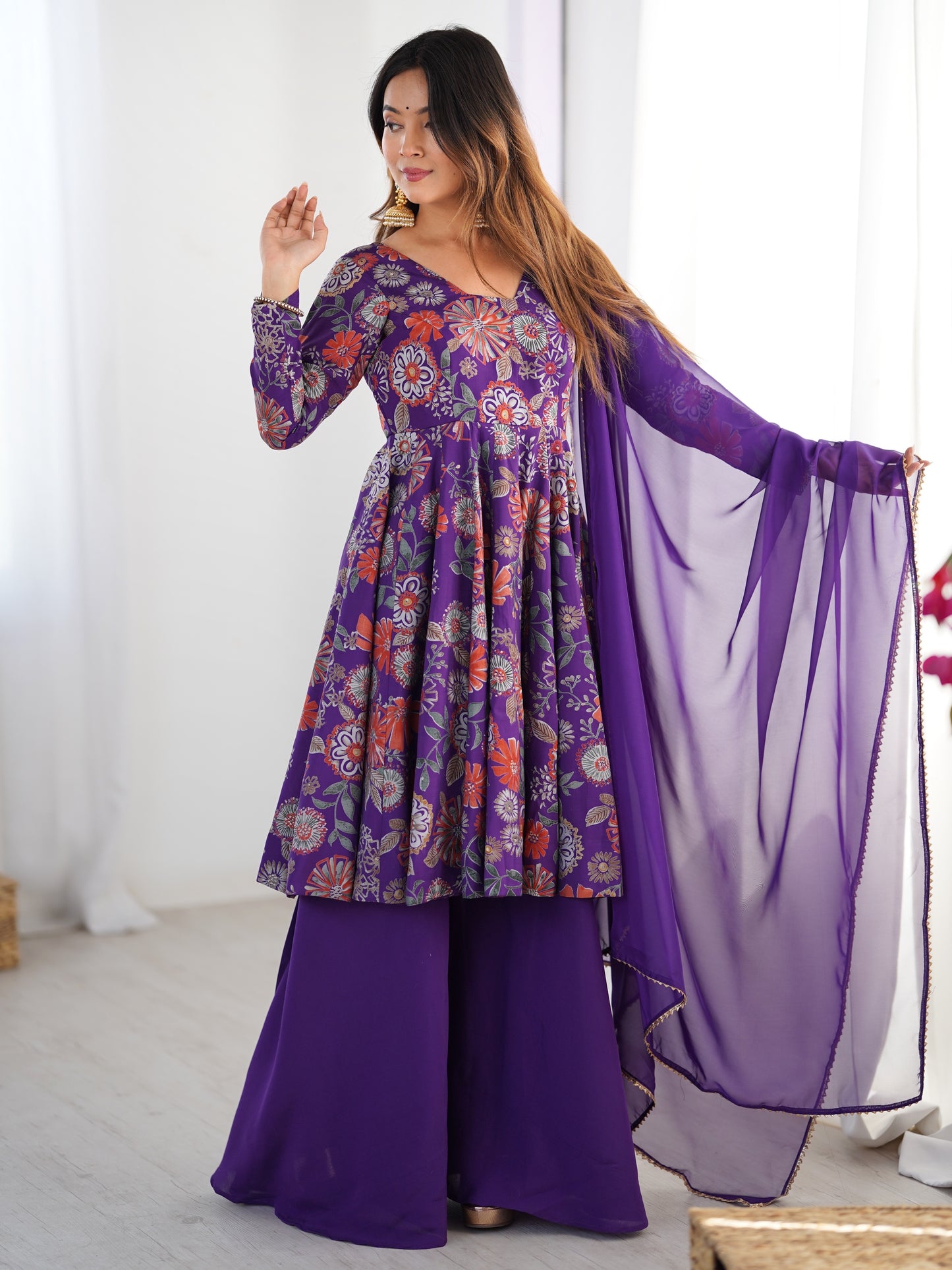 incredible Purple Floral Printed Silk Designer Palazzo Suit
