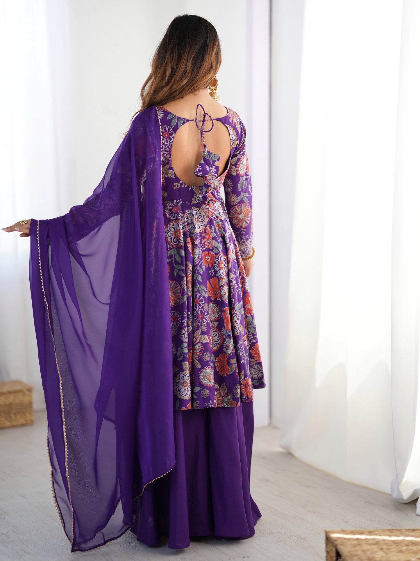 incredible Purple Floral Printed Silk Designer Palazzo Suit