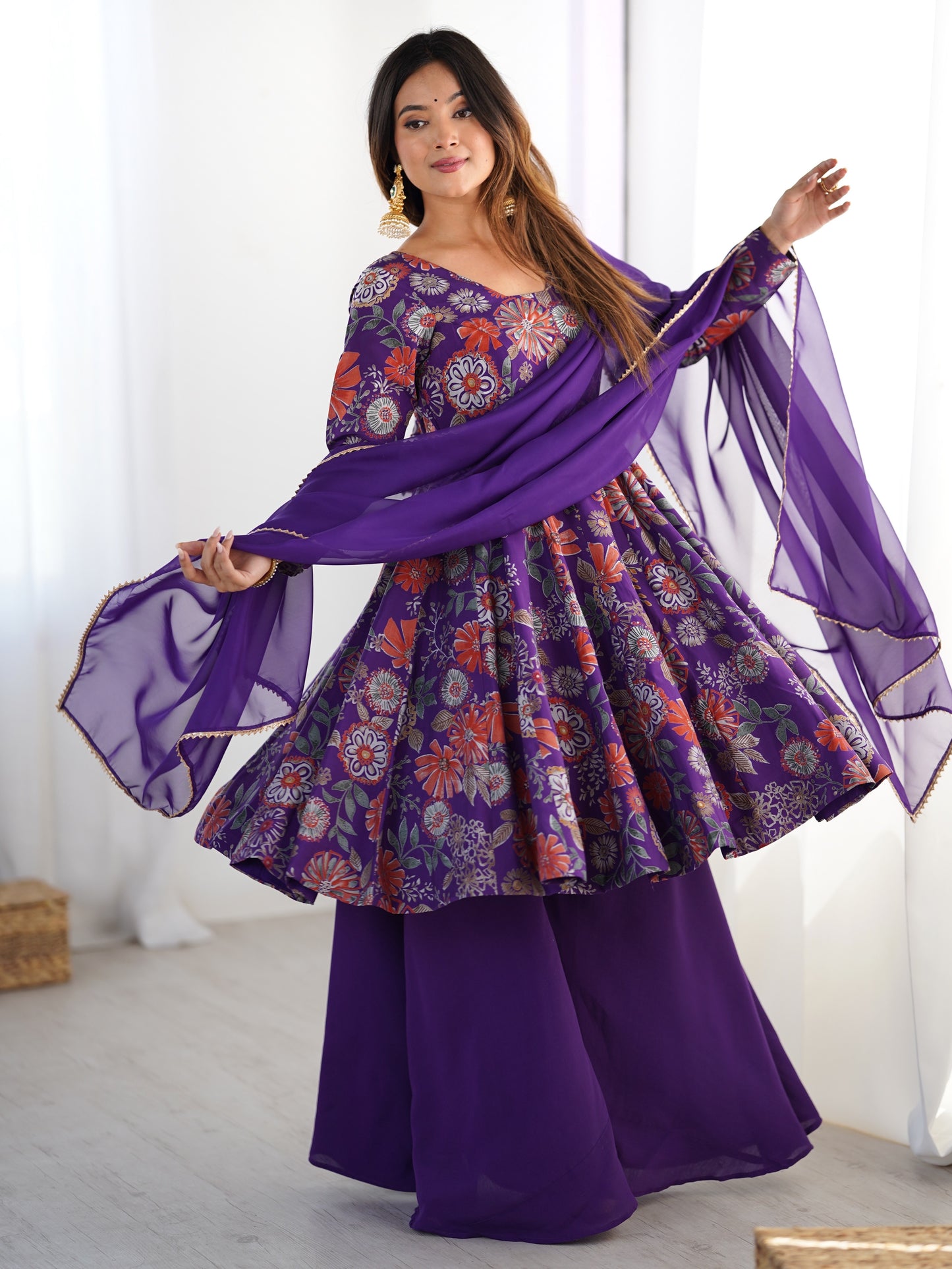 incredible Purple Floral Printed Silk Designer Palazzo Suit