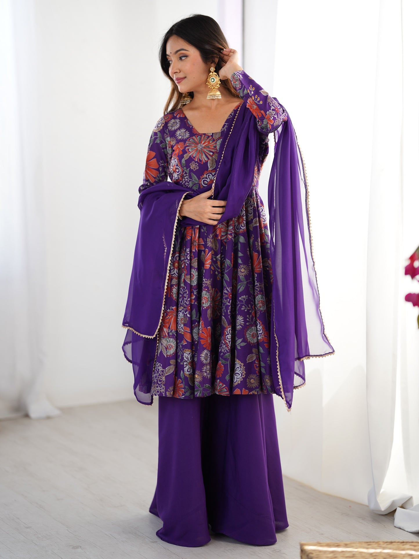 incredible Purple Floral Printed Silk Designer Palazzo Suit