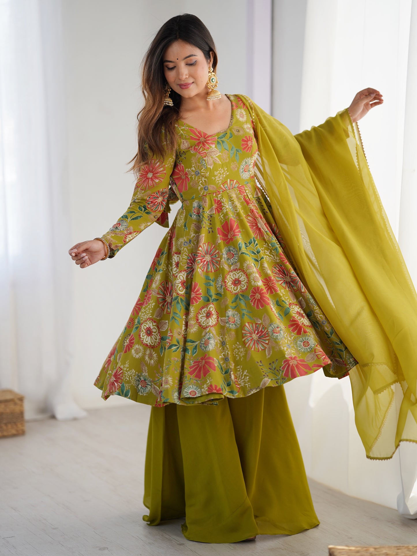 Marvelous Green Floral Printed Silk Mehndi Wear Palazzo Suit