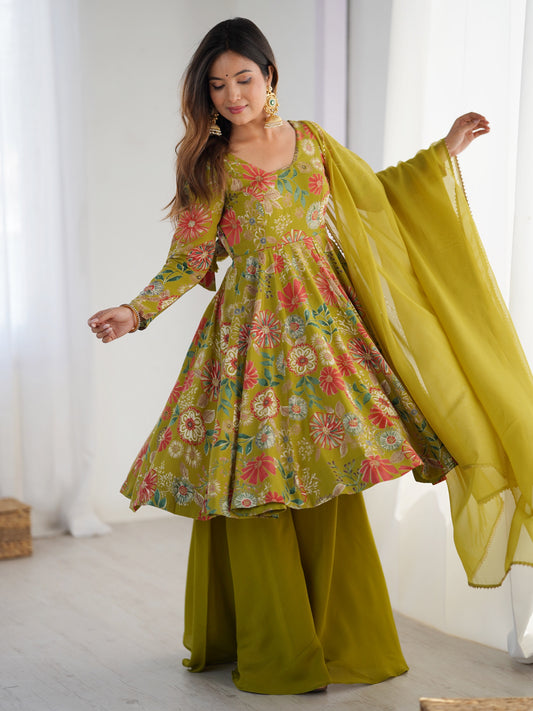 Marvelous Green Floral Printed Silk Mehndi Wear Palazzo Suit
