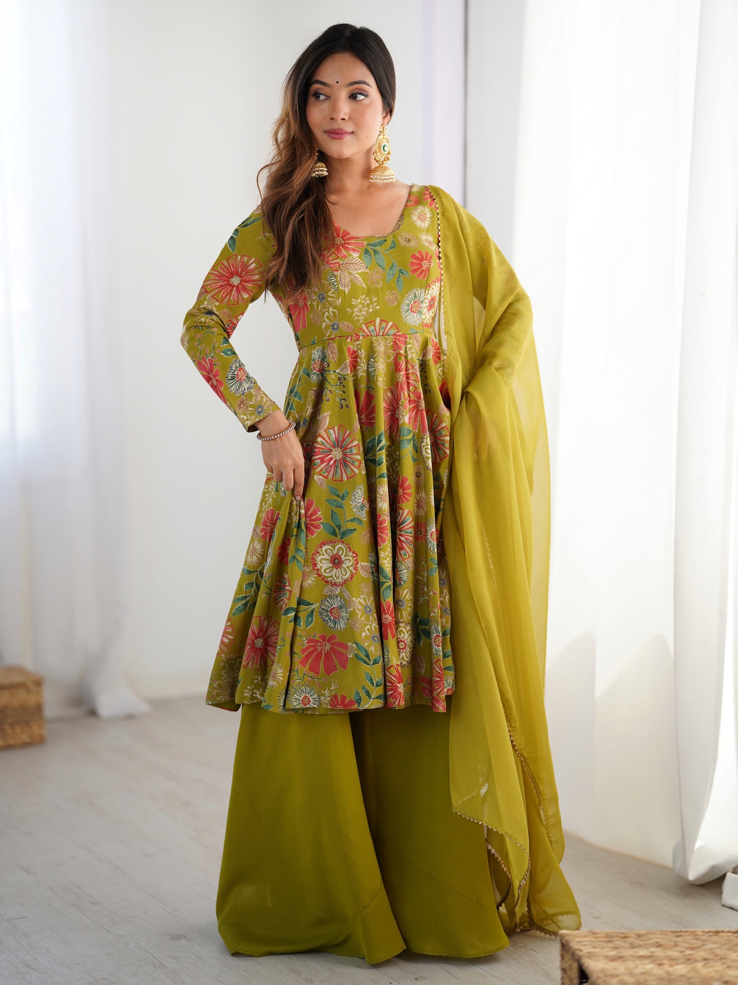 Marvelous Green Floral Printed Silk Mehndi Wear Palazzo Suit