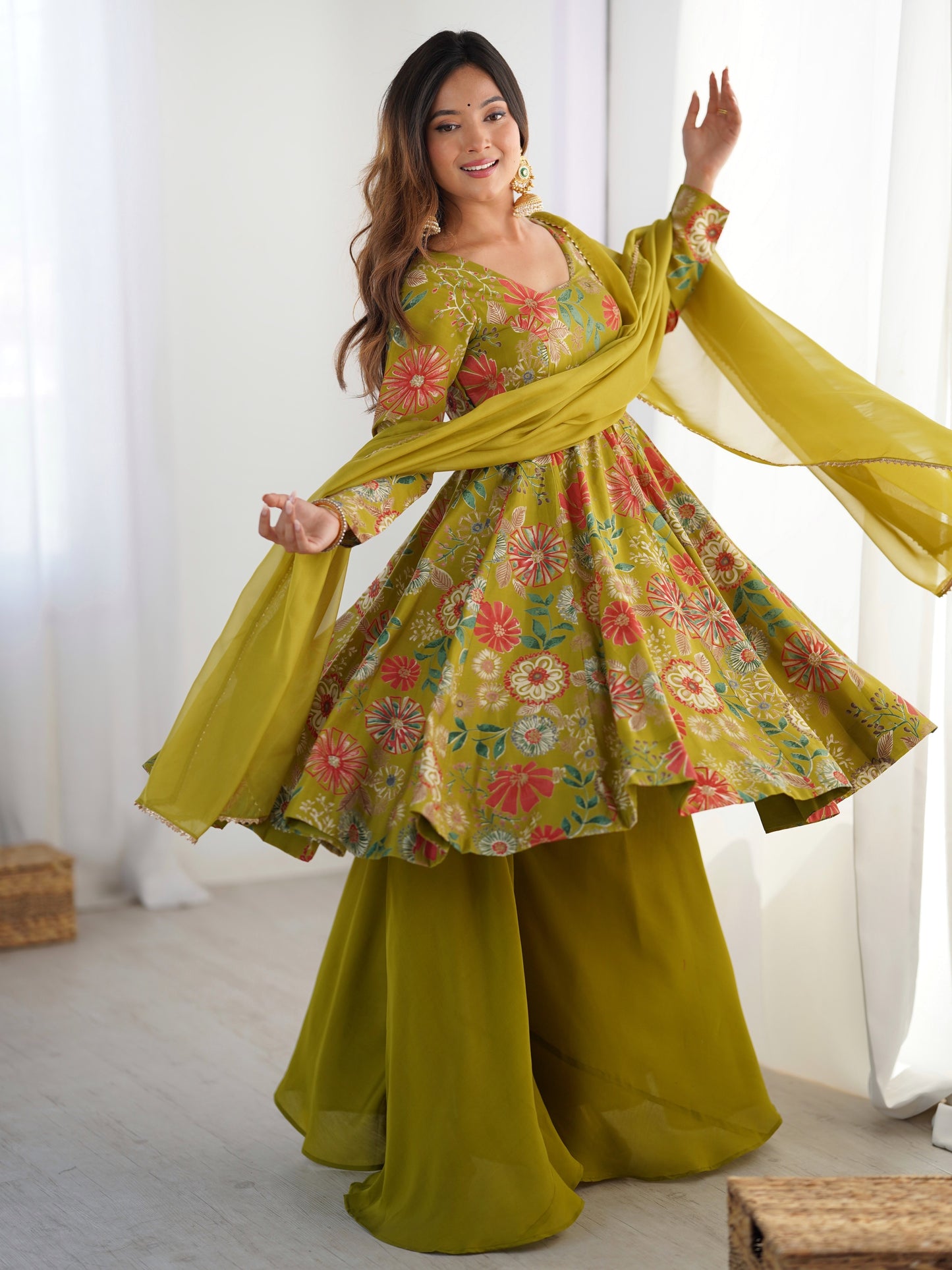 Marvelous Green Floral Printed Silk Mehndi Wear Palazzo Suit