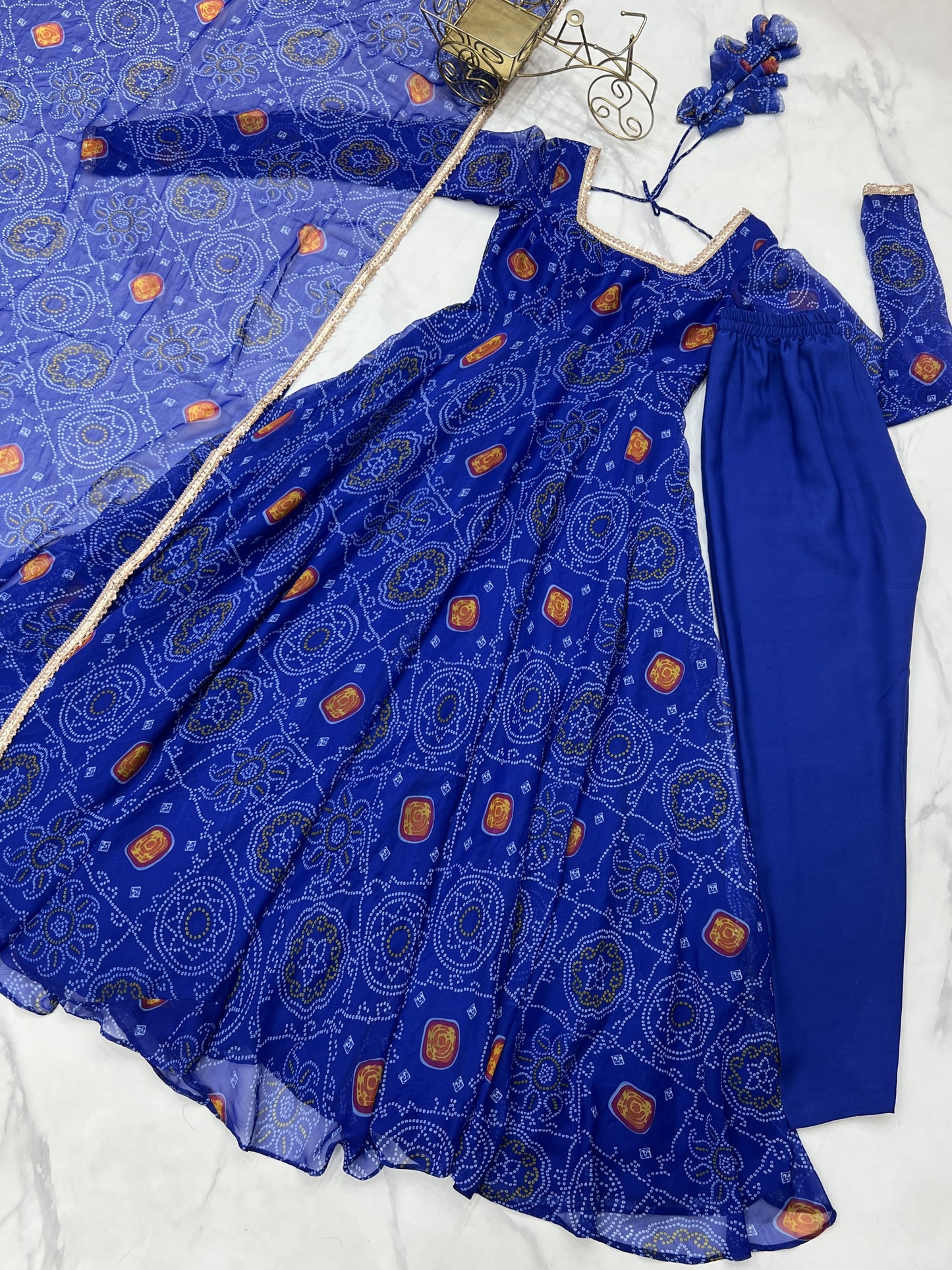 Beautiful Blue Bandhani Printed Chiffon Anarkali Gown