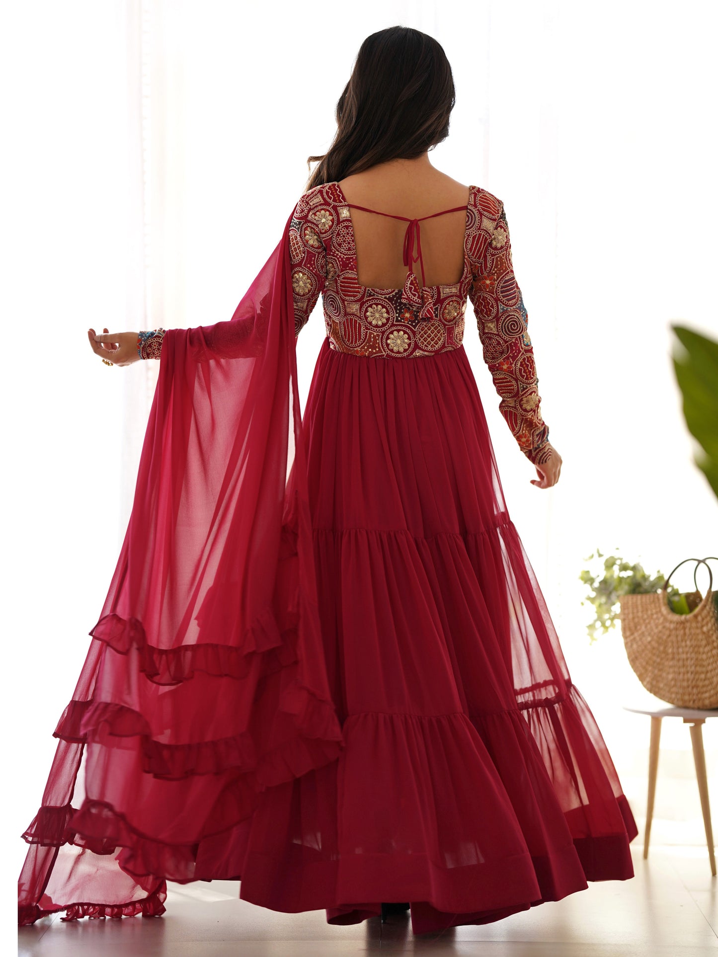 Enchanting Red Embroidered Georgette Designer Gown