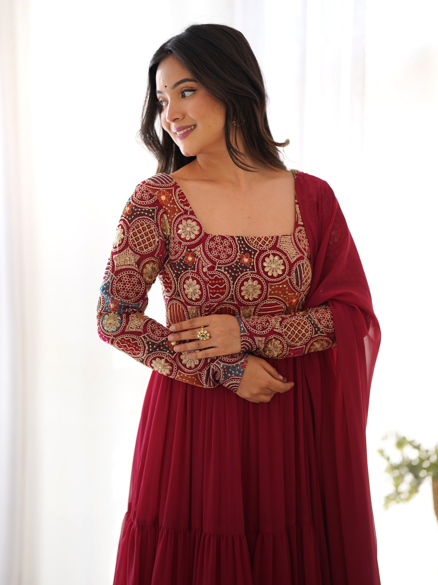 Enchanting Red Embroidered Georgette Designer Gown