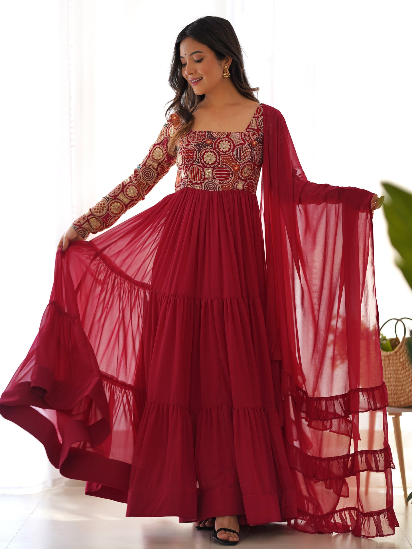 Enchanting Red Embroidered Georgette Designer Gown