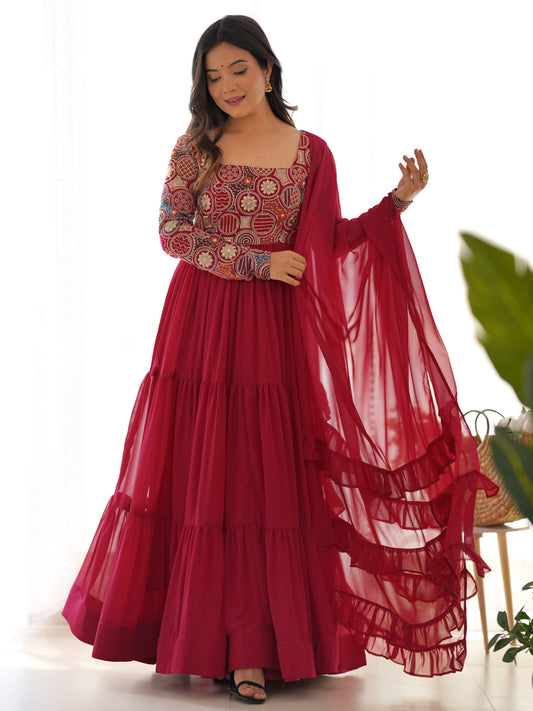 Enchanting Red Embroidered Georgette Designer Gown