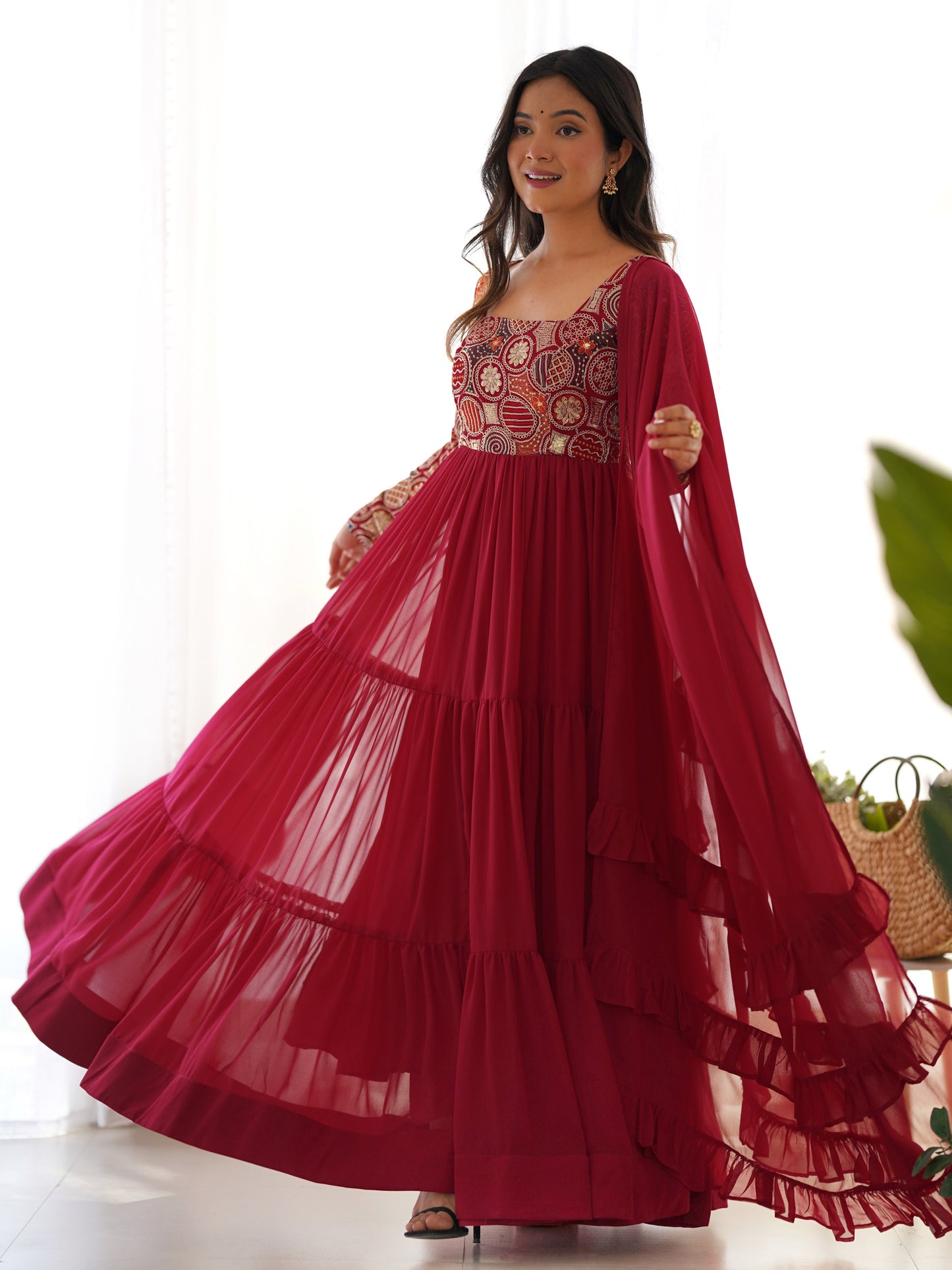 Enchanting Red Embroidered Georgette Designer Gown