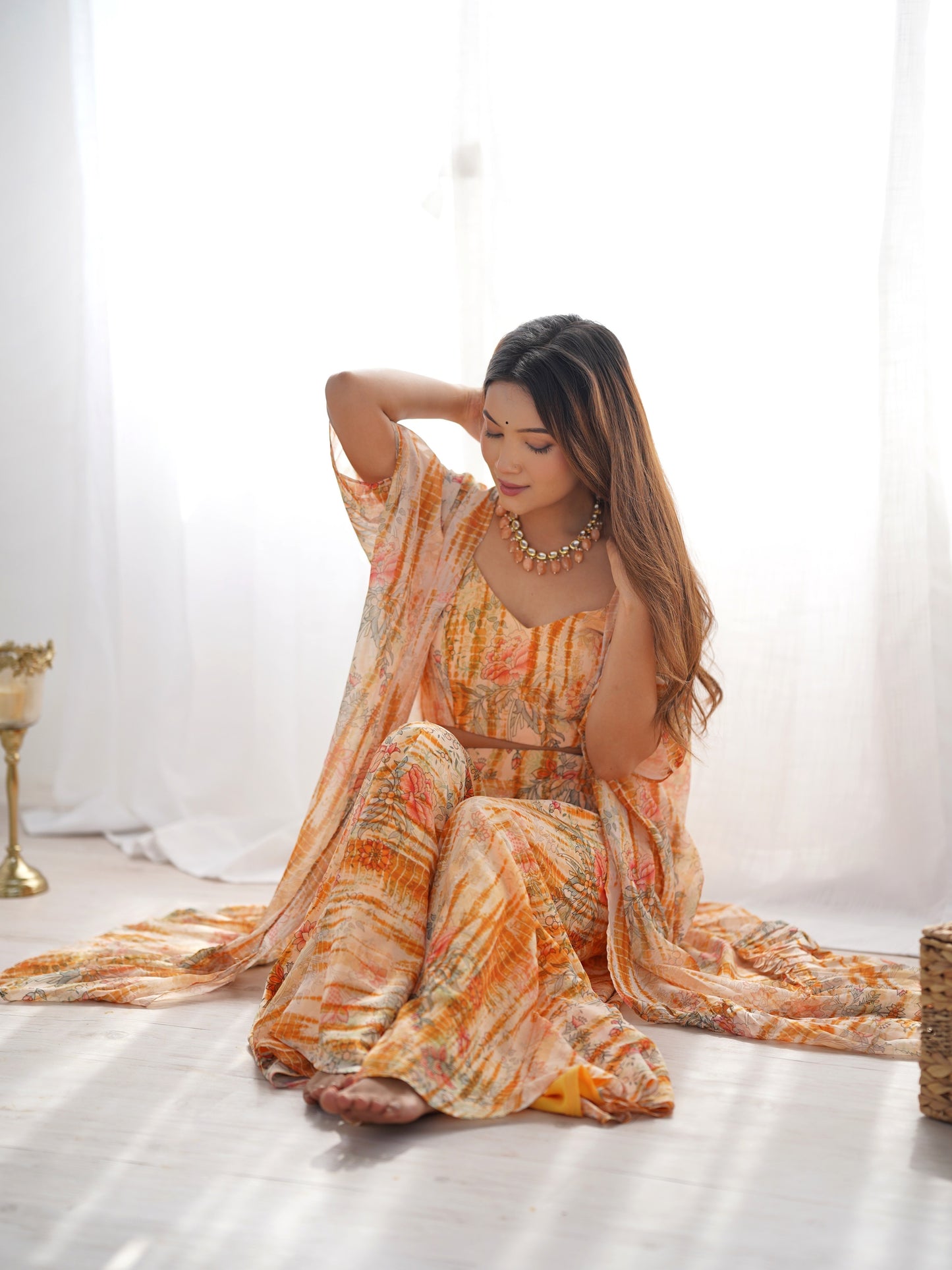 Fabulous Orange Printed Georgette Crop top Palazzo With Shrug