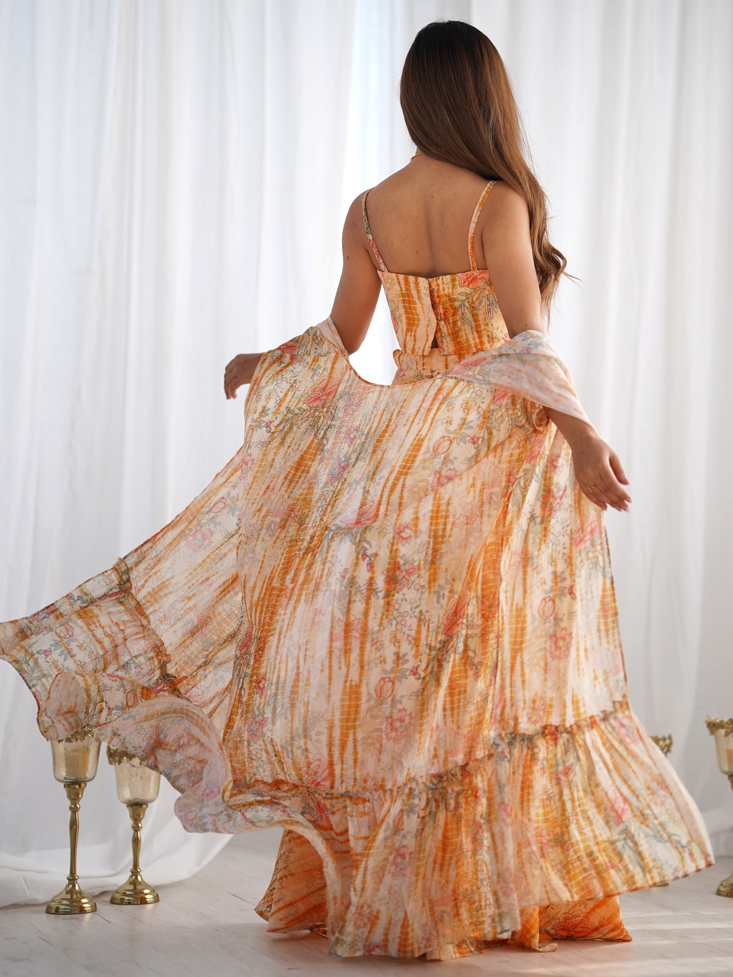 Fabulous Orange Printed Georgette Crop top Palazzo With Shrug