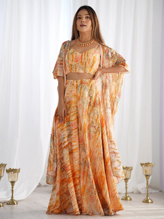 Fabulous Orange Printed Georgette Crop top Palazzo With Shrug