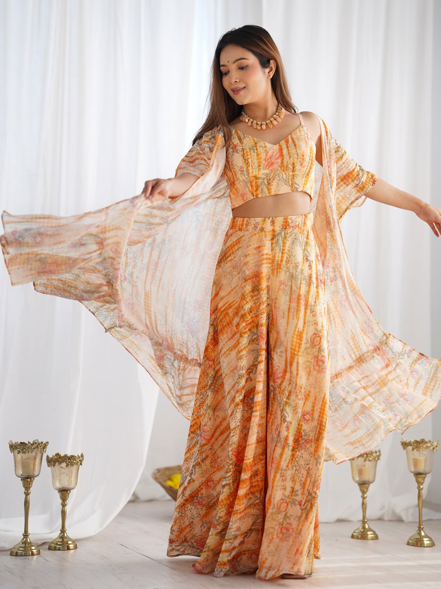 Fabulous Orange Printed Georgette Crop top Palazzo With Shrug