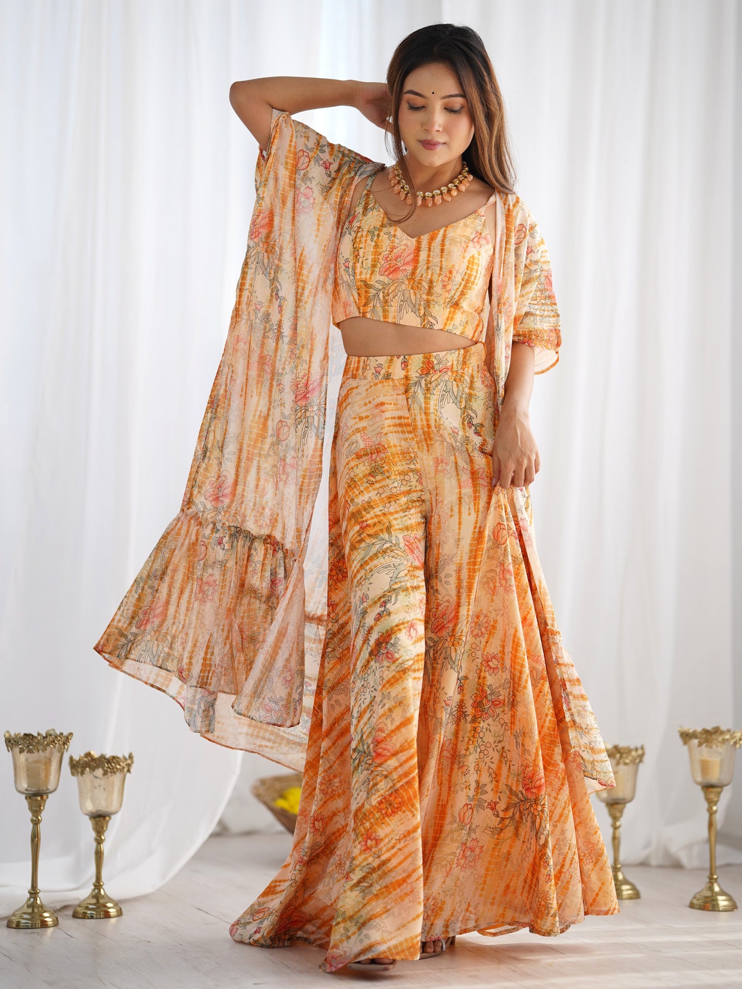 Fabulous Orange Printed Georgette Crop top Palazzo With Shrug