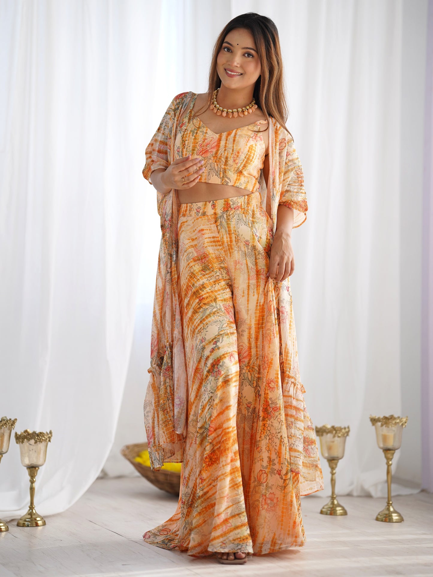 Fabulous Orange Printed Georgette Crop top Palazzo With Shrug