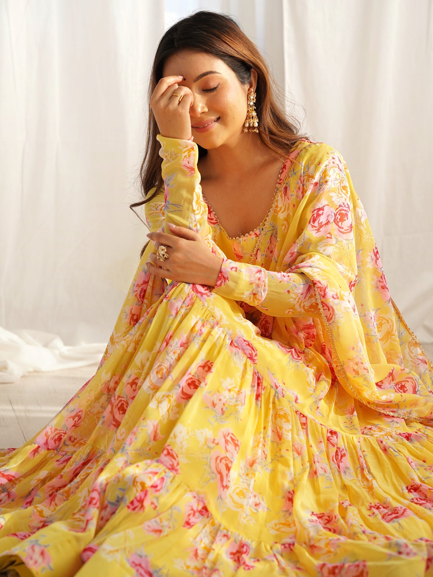Charming Yellow Floral Printed Georgette Haldi Wear Gown
