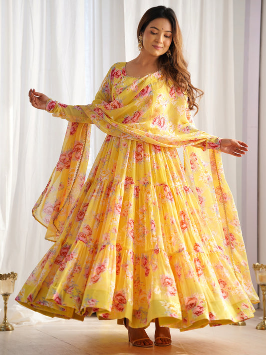 Charming Yellow Floral Printed Georgette Haldi Wear Gown