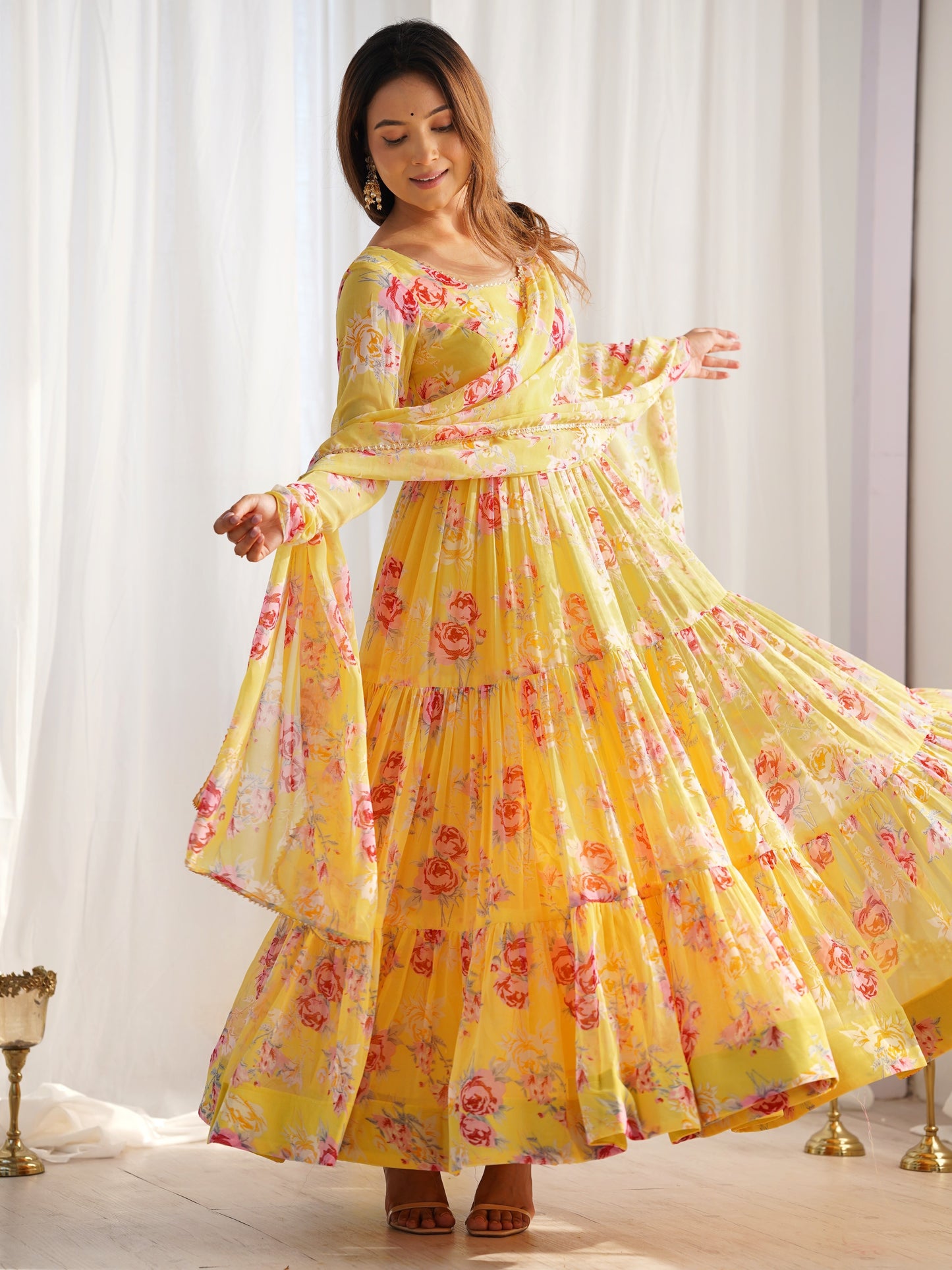 Charming Yellow Floral Printed Georgette Haldi Wear Gown