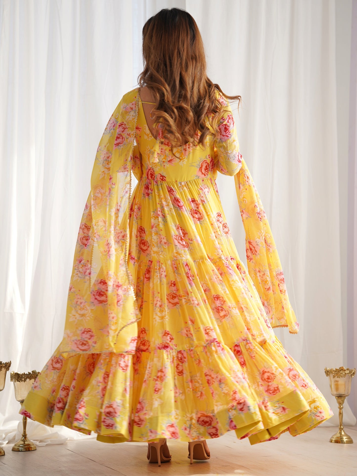 Charming Yellow Floral Printed Georgette Haldi Wear Gown