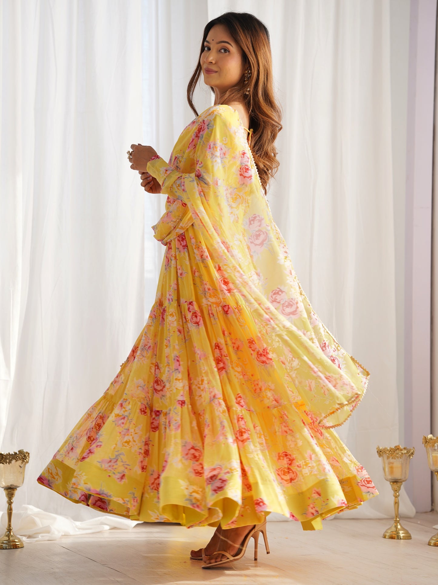 Charming Yellow Floral Printed Georgette Haldi Wear Gown