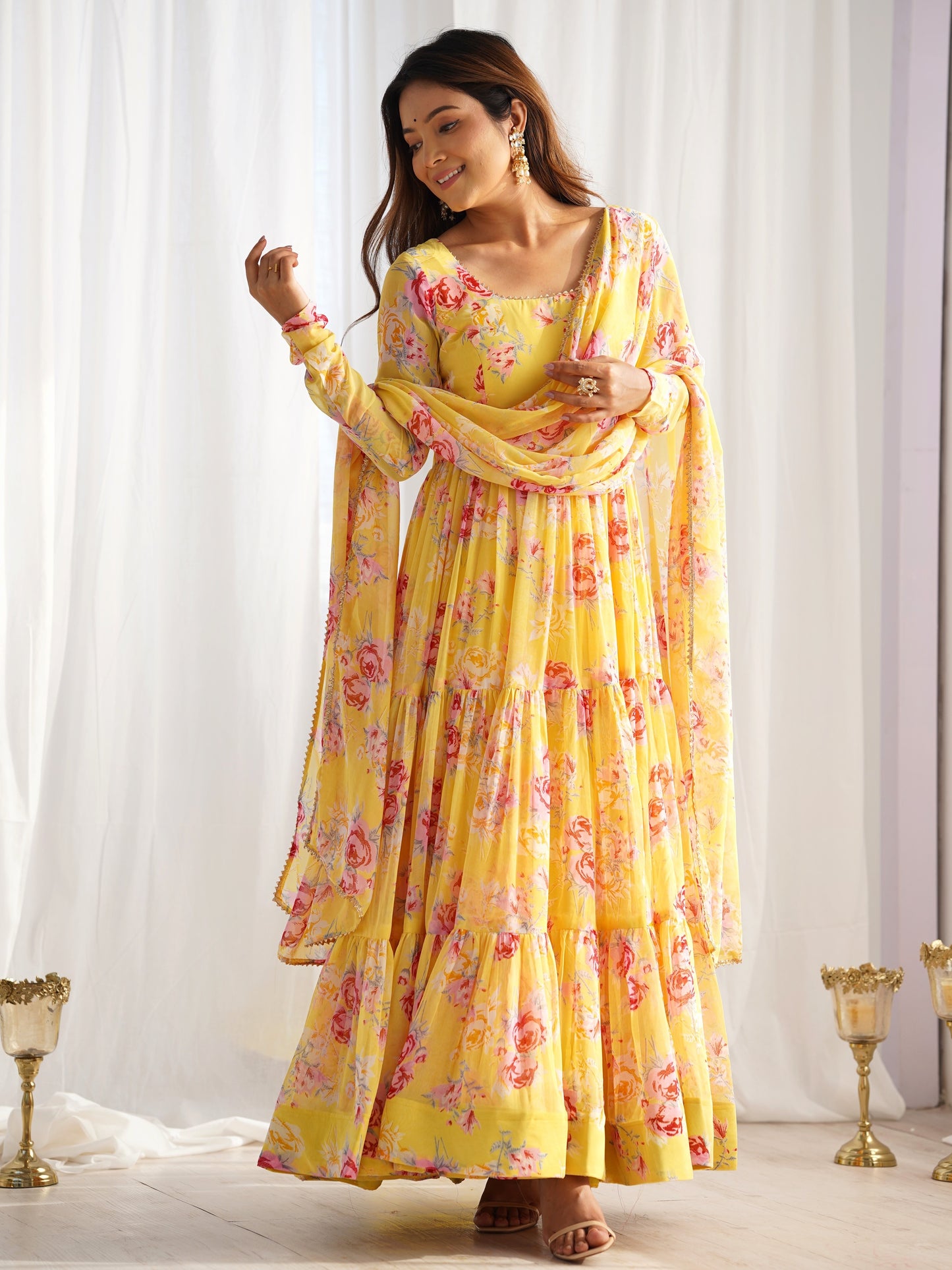 Charming Yellow Floral Printed Georgette Haldi Wear Gown