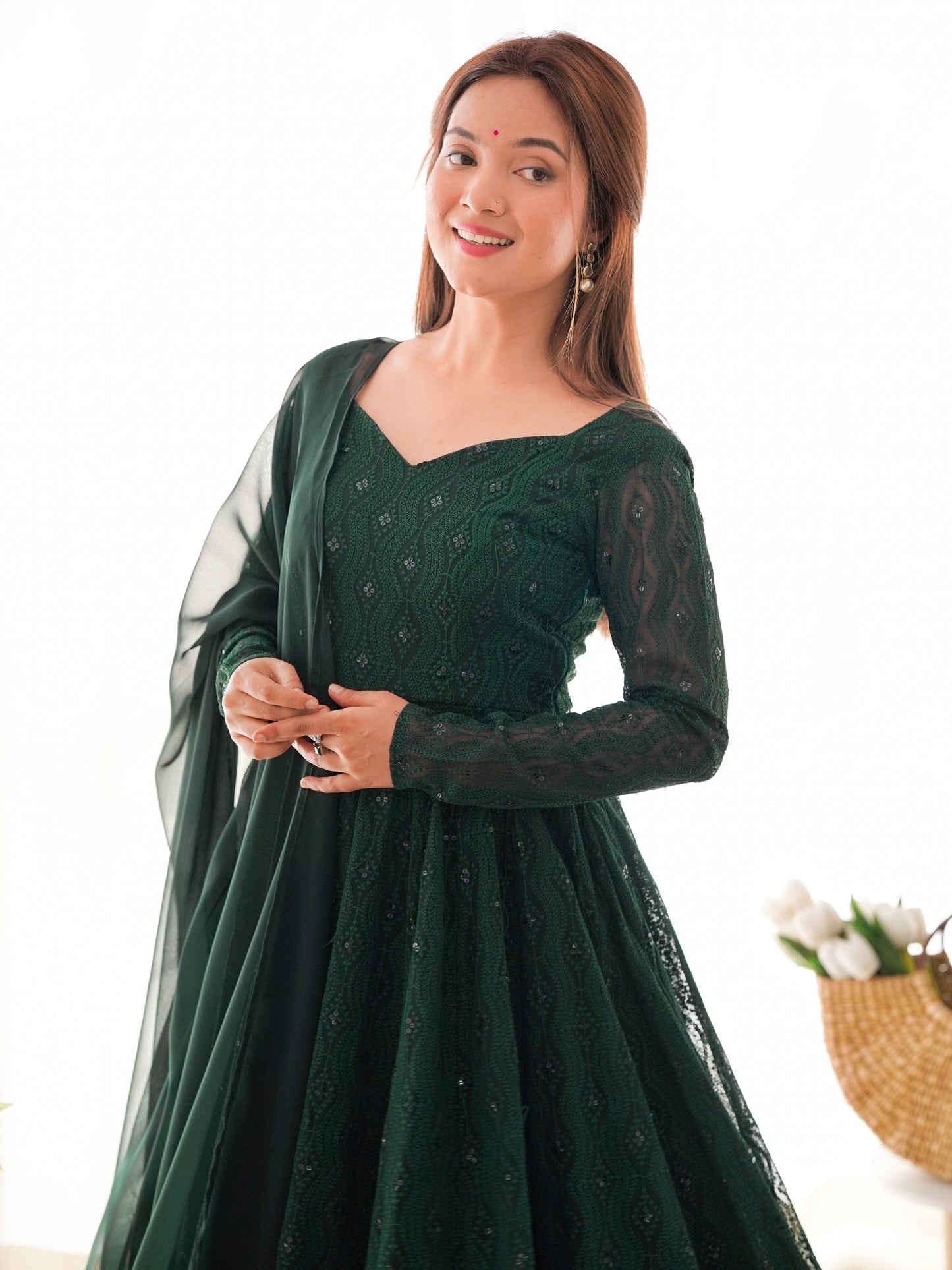 Amazing Green Embroidered Georgette Mehndi Wear Anarkali Suit