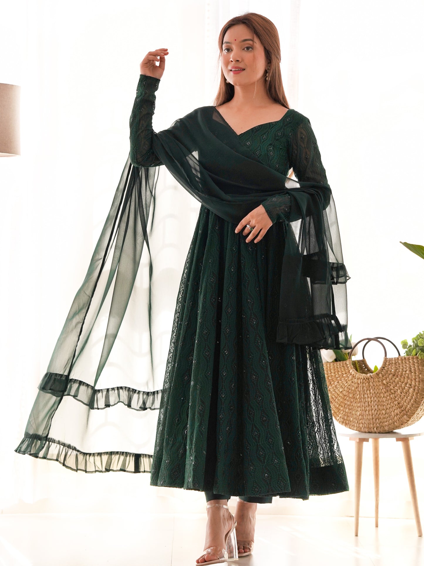 Amazing Green Embroidered Georgette Mehndi Wear Anarkali Suit
