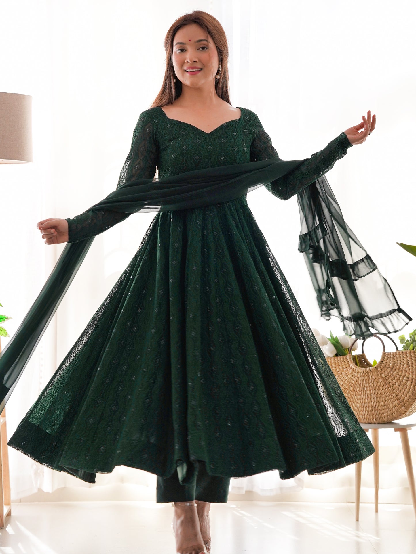 Amazing Green Embroidered Georgette Mehndi Wear Anarkali Suit