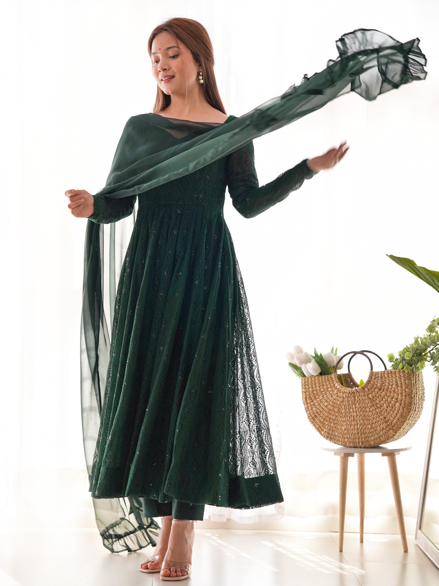 Amazing Green Embroidered Georgette Mehndi Wear Anarkali Suit