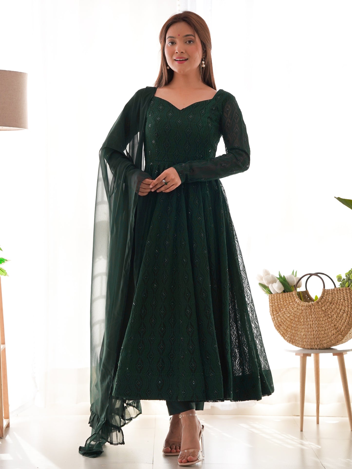 Amazing Green Embroidered Georgette Mehndi Wear Anarkali Suit