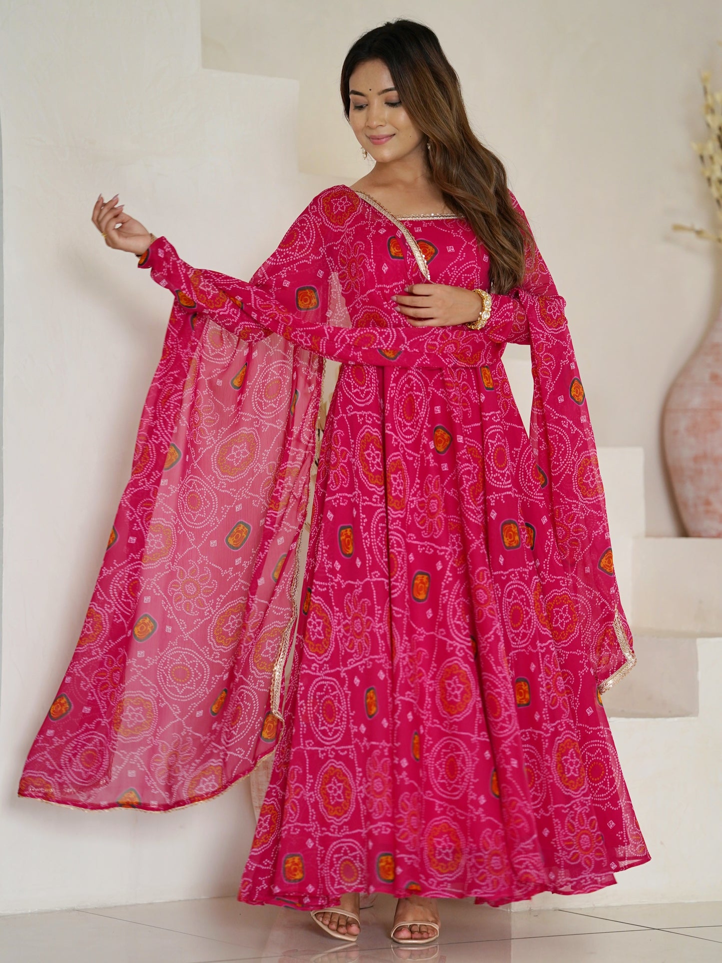 Wonderful Pink Bandhani Printed Chiffon Festival Anarkali Gown